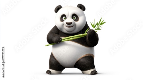 A cartoon panda holding bamboo, showcasing a playful demeanor. photo