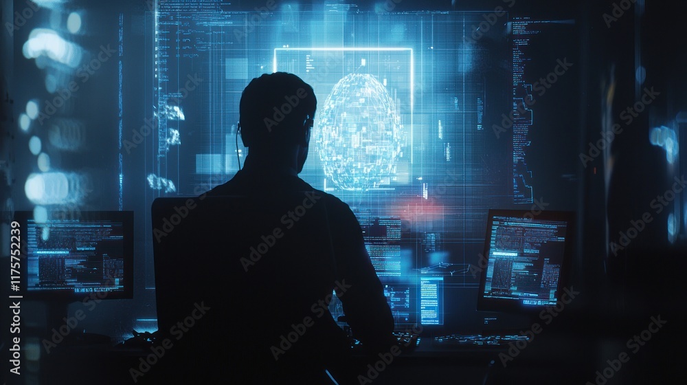 Cybersecurity Expert Working Late, Digital Globe, Network Security, Data Analysis, Intricate Codes, System Monitoring, Global Connectivity Cybersecurity Expert Working Late, Digital Globe, Network Security, Data Analysis, Intricate Codes, System Monitoring, Global Connectivity