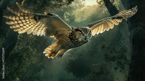 An owl flies at night through the dense forest, its wide wings look beautiful, background wallpaper AI generated image photo