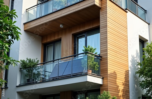 Modern apartment building with eco-friendly design. Balcony small home solar panels for sustainable energy. Plants add green touch to exterior. Photo shows modern architecture with renewable energy photo