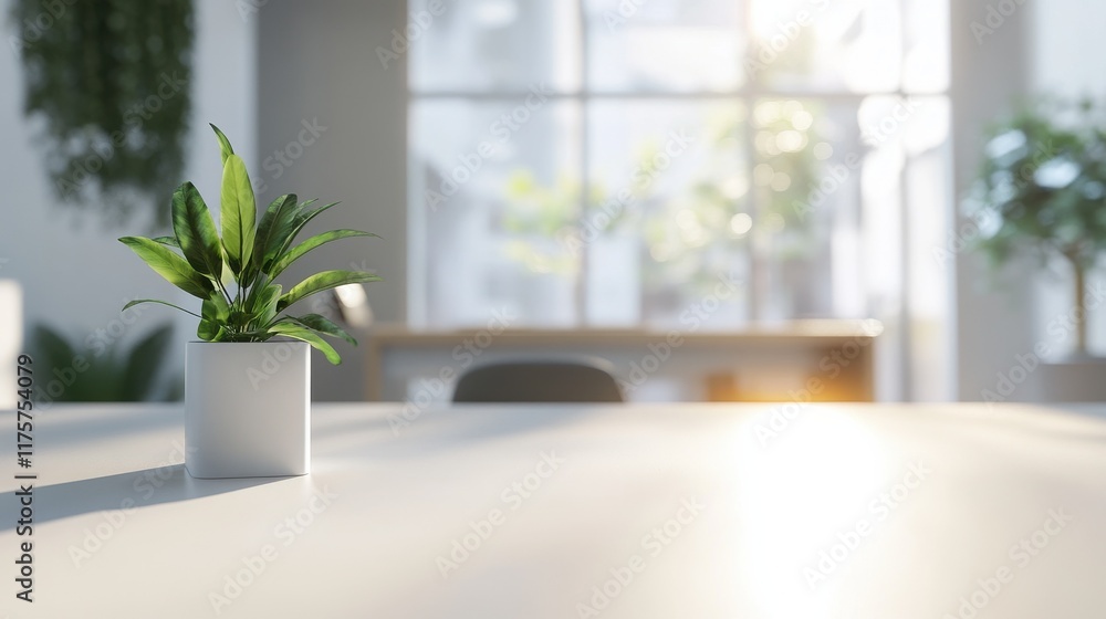 Fototapeta premium Minimalist white room with display stand. White minimalist room with a display stand and blurred background showcasing a contemporary office interior with natural light.