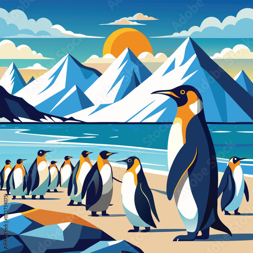 Cute penguins, a group of birds, on the cold beach and rocky shores of the Falkland Islands