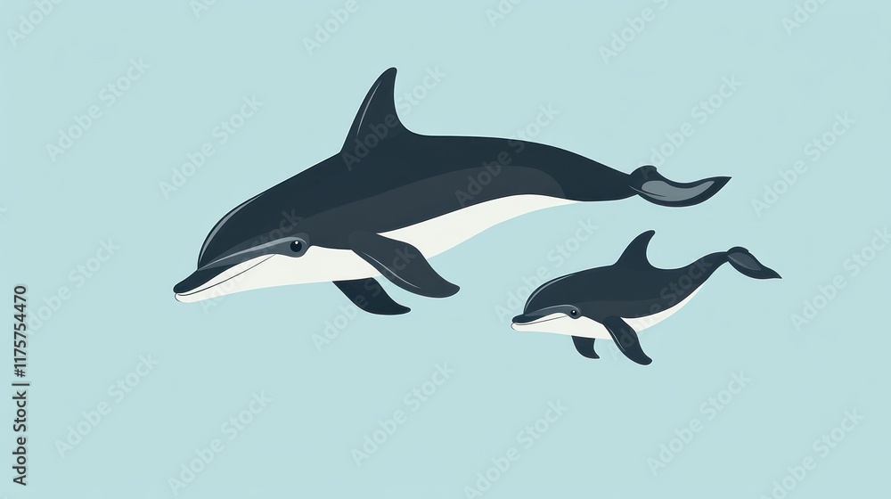 Mother dolphin and calf swimming together in the ocean. Mother dolphin and calf swimming together in the ocean.