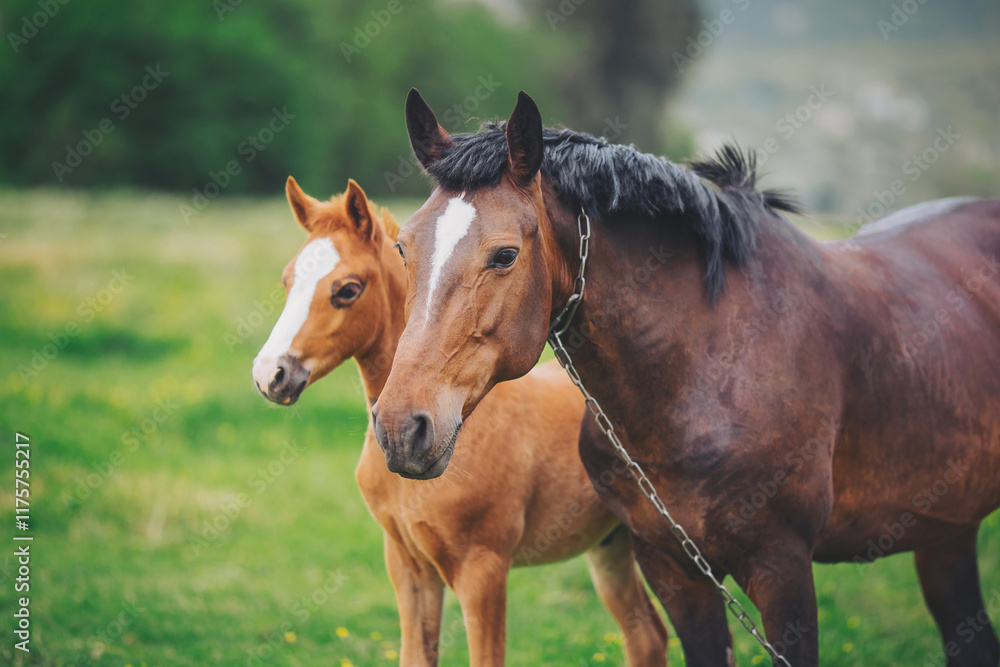 Bay little foal and mare on summer pasture rest and grazing. little bay foal with mom at pasture. Bay little foal and mare on summer pasture rest and grazing. little bay foal with mom at pasture.