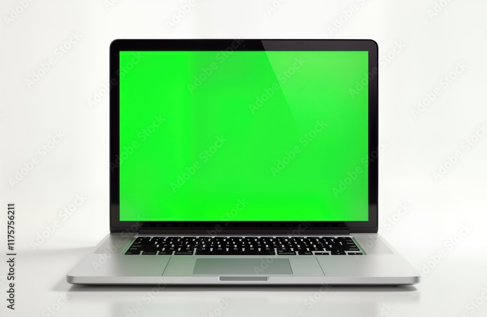 Modern laptop computer with empty green screen. Blank display on portable tech device. Silver colored aluminum body. Isolated tech object on white background. Simple tech mock-up. Perfect for Modern laptop computer with empty green screen. Blank display on portable tech device. Silver colored aluminum body. Isolated tech object on white background. Simple tech mock-up. Perfect for