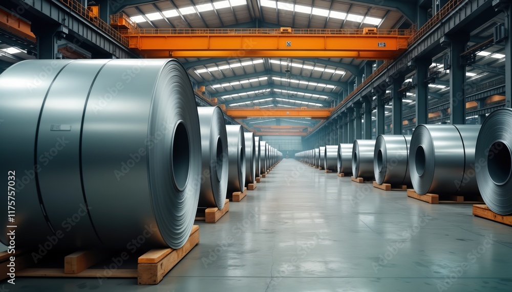 Metal rolls stacked in organized rows inside large industrial factory. Plenty of metal sheets, coils, stored. Warehouse interior with industrial tech structure, featuring metal beams. Modern Metal rolls stacked in organized rows inside large industrial factory. Plenty of metal sheets, coils, stored. Warehouse interior with industrial tech structure, featuring metal beams. Modern