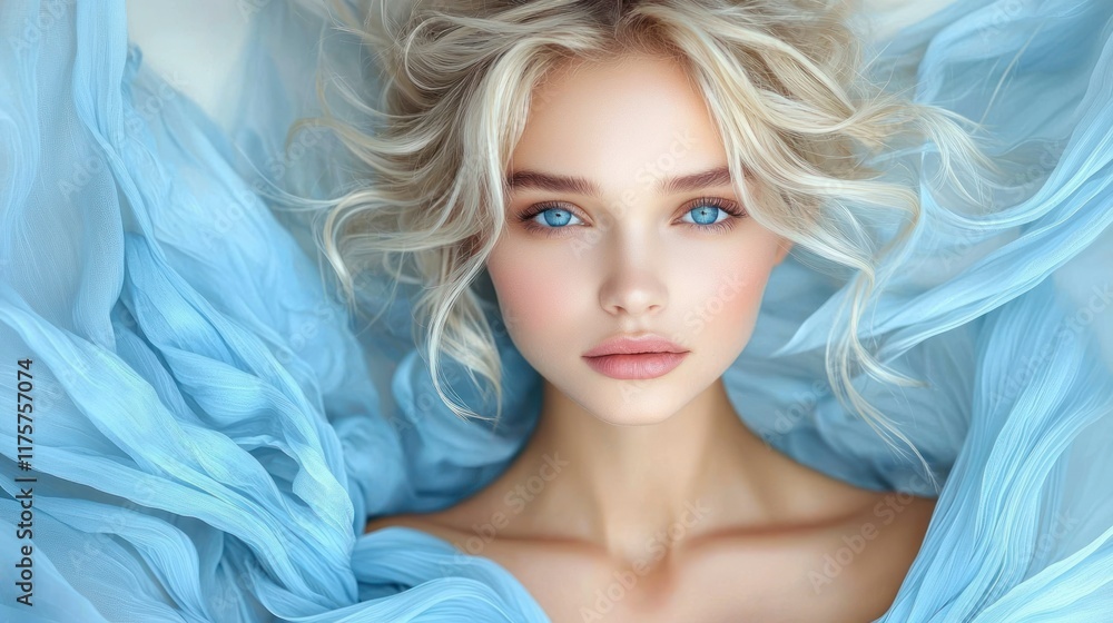 Blond Beauty Enveloped in Light Blue Fabric Blond Beauty Enveloped in Light Blue Fabric