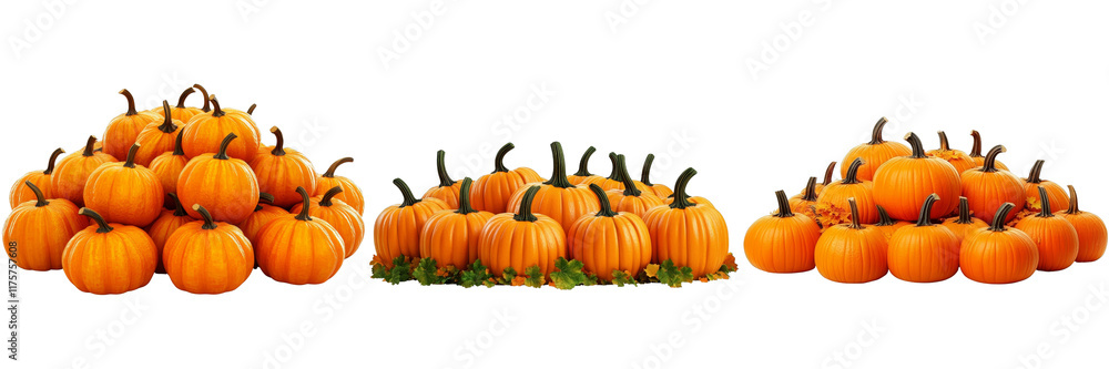 Three Pumpkin Piles, Autumn Harvest Composition, Isolated on White Background, Pumpkins, Autumn, Thanksgiving Three Pumpkin Piles, Autumn Harvest Composition, Isolated on White Background, Pumpkins, Autumn, Thanksgiving