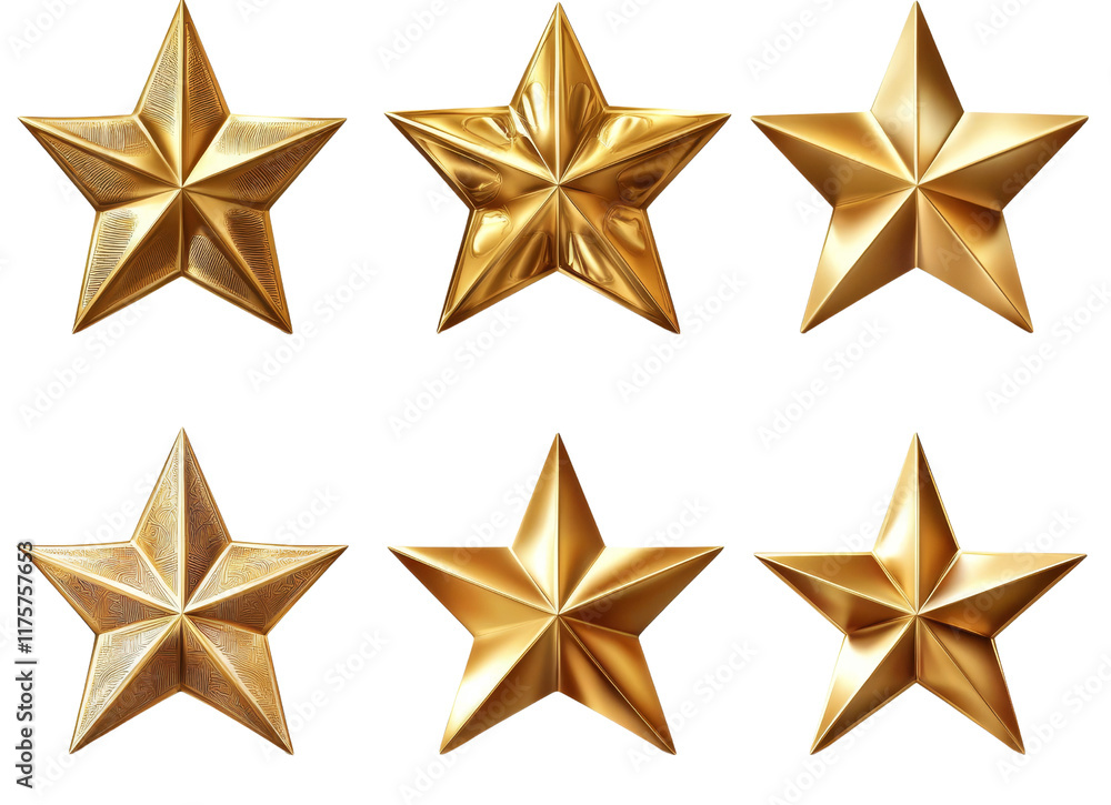 Six Golden Stars 3D Render, Different Textures, Isolated on White Background,Gold, Star, 3D Render Six Golden Stars 3D Render, Different Textures, Isolated on White Background,Gold, Star, 3D Render