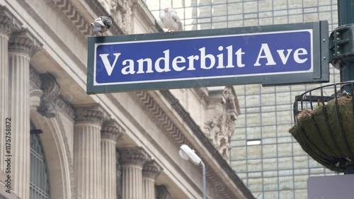 New York City Grand Central Terminal, Vanderbilt intersection road sign. 42 street corner, Park Avenue, Pershing Square architecture. Midtown district railroad hub, railway transport. NYC crossroad.