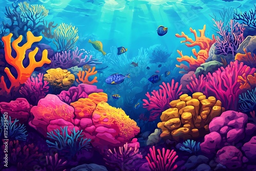 Fototapeta Naklejka Na Ścianę i Meble -  Cartoon coral reefs with vibrant colors, illustrating the beauty and diversity of marine life