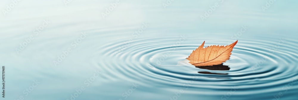 Dry leaf floating on blue water surface creating concentric circles, suggesting tranquility, meditation, and the beauty of nature in autumn Dry leaf floating on blue water surface creating concentric circles, suggesting tranquility, meditation, and the beauty of nature in autumn