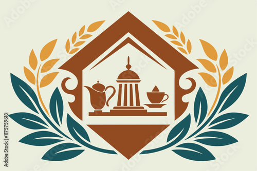 A beautifully designed emblem features classic dining items within a decorative backdrop, exuding sophistication, An elegant and timeless symbol representing high-quality home goods