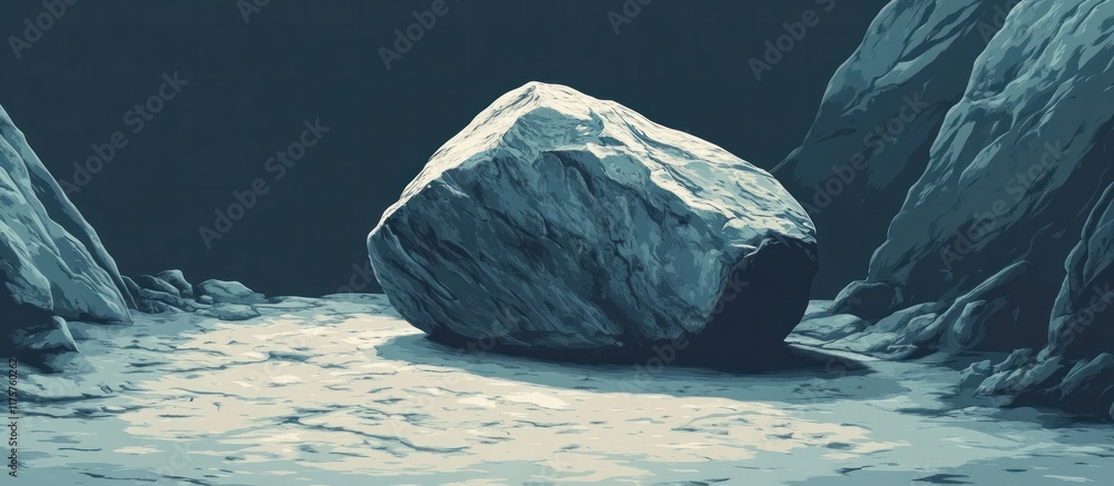 Obraz premium Mystical icy landscape with a massive boulder or rock formation illuminated by the glow of moonlight the scene reflected in the frozen surface of a serene lake or ocean A remote desolate