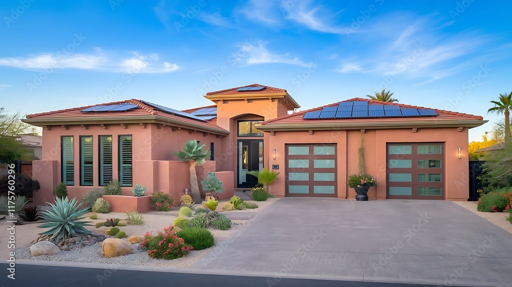 Fototapeta premium Modern Single-Story Desert Home with Terracotta Exterior, Red-Tiled Roof, and Solar Panels Surrounded by Desert Landscaping