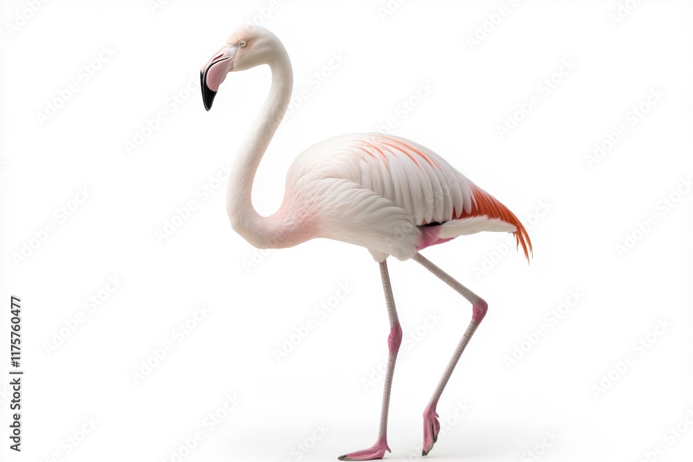 Fototapeta premium A white and pink flamingo is walking on a white background. The flamingo is the main focus of the image, and it is in a relaxed and peaceful state