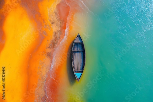 Lonely boat on vibrant, colorful water. photo