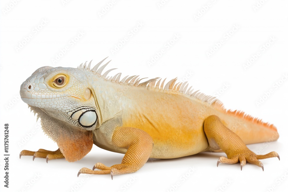 Obraz premium A lizard with orange and white stripes is laying on a white background. The lizard has a curious expression on its face