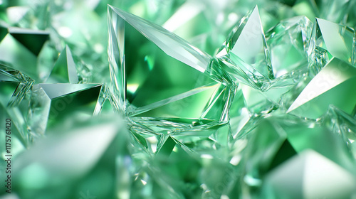 A 3D render of a green crystal background with faceted texture resembling an emerald gem, featuring a panoramic, wide, polygonal style that captures a sense of chaotic beauty and abstract design

 photo