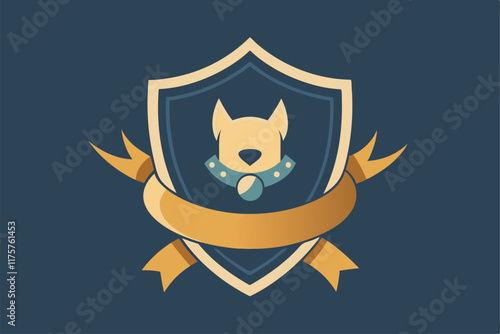 The design features a polished emblem with a pet collar centered on an ornate shield, surrounded by ribbons, An elegant emblem featuring a pet collar, minimalist simple modern vector logo design