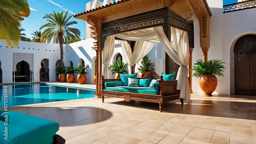 Luxury Poolside Patio with a Canopy Bed, Elegant Moroccan Architecture, and Palm Trees in a Tropical Setting

 photo