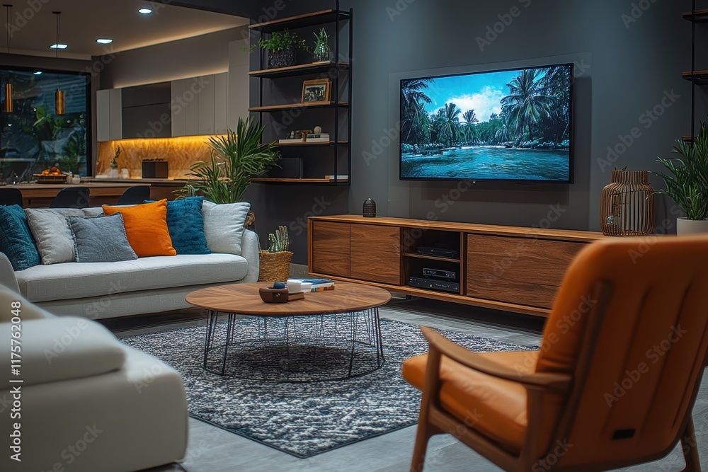 Cozy living room with modern design featuring a TV, comfortable seating, and tropical landscape decor Cozy living room with modern design featuring a TV, comfortable seating, and tropical landscape decor