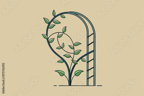 A graceful plant twines around a trellis, showcasing intricate leaves and delicate curves in a minimalist style, An elegant line drawing of a plant winding its way up a trellis