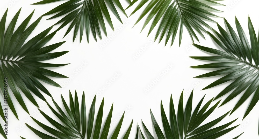 Vibrant green palm leaves frame on a clean white background with space for text in the middle, showcasing their texture and form for decorative purposes or artistic designs. Top view Vibrant green palm leaves frame on a clean white background with space for text in the middle, showcasing their texture and form for decorative purposes or artistic designs. Top view