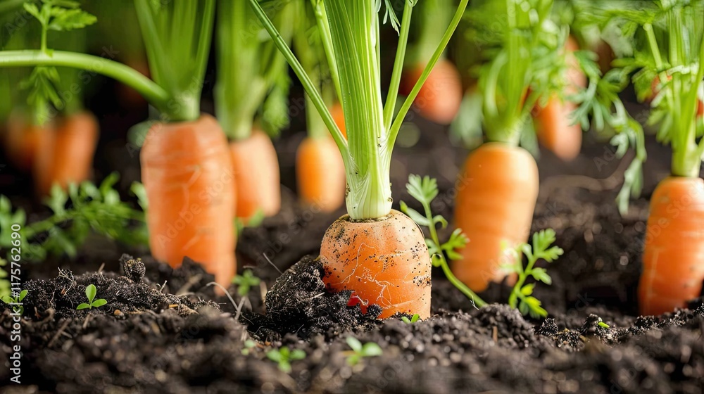 Close-Up of Fresh Carrots Growing in Soil. Organic farming and gardening. Close-Up of Fresh Carrots Growing in Soil. Organic farming and gardening.