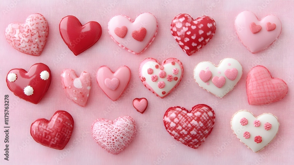 Obraz premium Assorted Pink and Red Heart Shaped Sweets Arranged on Pink Fabric