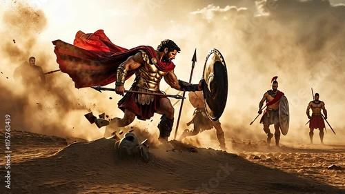 Ancient Warriors in Battle with Shields and Spears Charging Across a Dusty Battlefield Under Dramatic Light

 photo