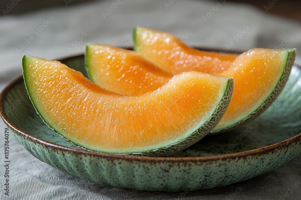 Fresh melon slices neatly arranged on a green plate, showcasing vibrant orange flesh and green rind in a bright kitchen setting Fresh melon slices neatly arranged on a green plate, showcasing vibrant orange flesh and green rind in a bright kitchen setting