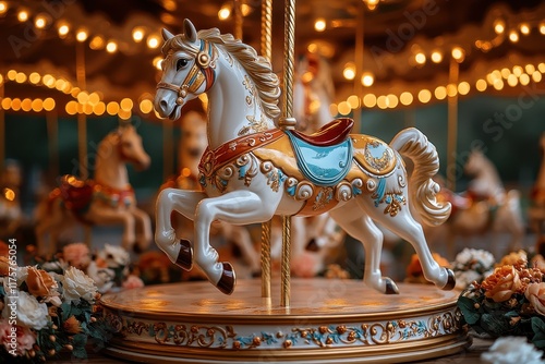 Beautifully crafted carousel horse at a vibrant amusement park filled with twinkling lights