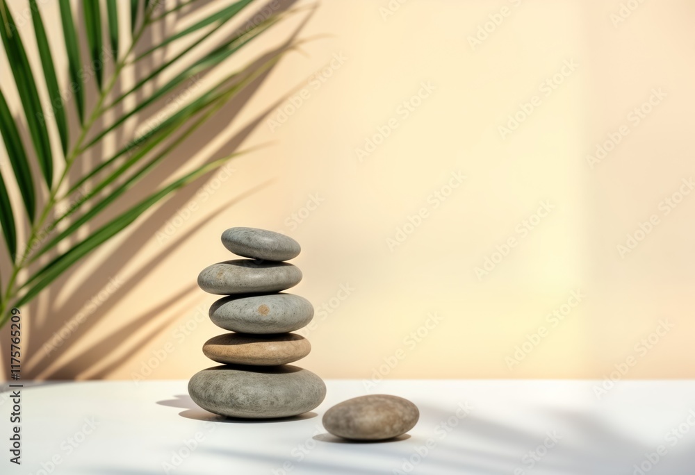 Stack of round stones sits on white surface against beige background. Palm leaf shadow softly falls on backdrop. Minimalist scene perfect for cosmetics product displays. Suitable for advertising, Stack of round stones sits on white surface against beige background. Palm leaf shadow softly falls on backdrop. Minimalist scene perfect for cosmetics product displays. Suitable for advertising,