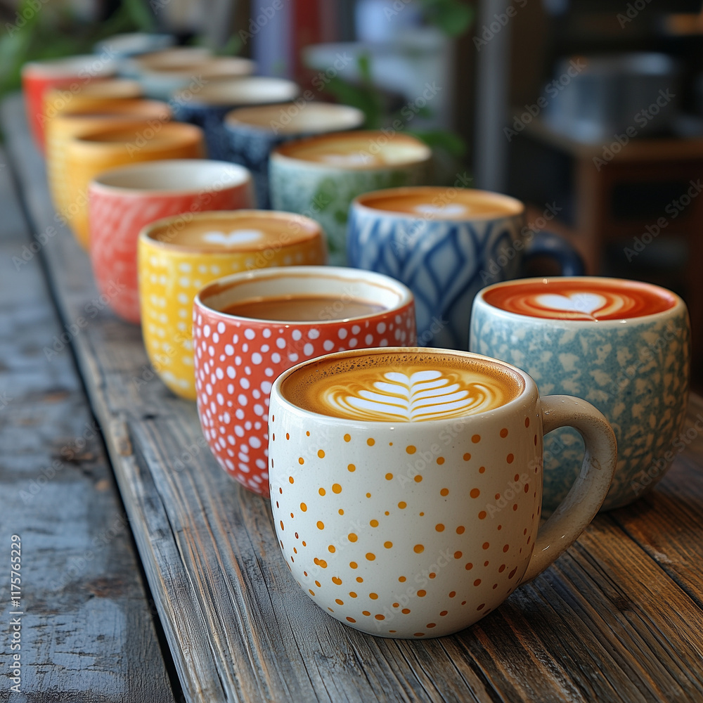 A set of coffee cups with different patterns, placed on a wooden table
