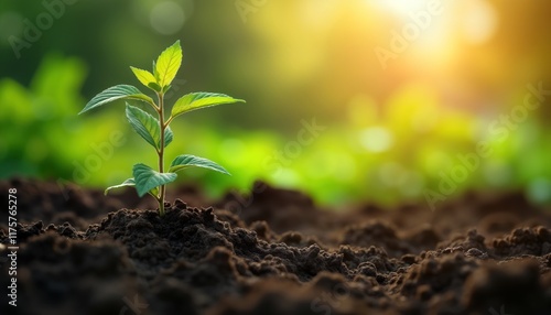 Close-up view of small stevia plant growing in rich soil. New leaves sprout from stem emerging from earth. Natural light illuminates young plant. Beautiful spring scene in nature. Fresh life in soil.