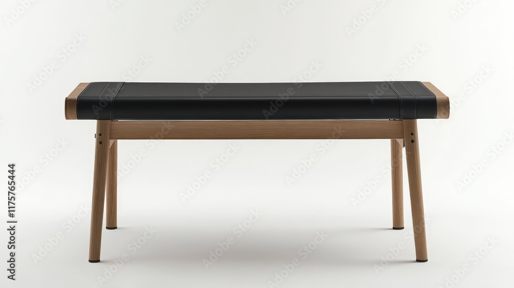 Modern wooden bench with black leather top. Modern wooden bench with black leather top.
