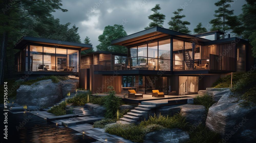 Modern Luxury Home in the Woods at Night Modern Luxury Home in the Woods at Night