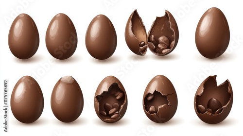 Chocolate eggs set. Isolated whole, broken, exploded, cracked and open brown eggs collection. Realistic sweet chocolate candy dessert icons. Vector Easter holiday celebration concept