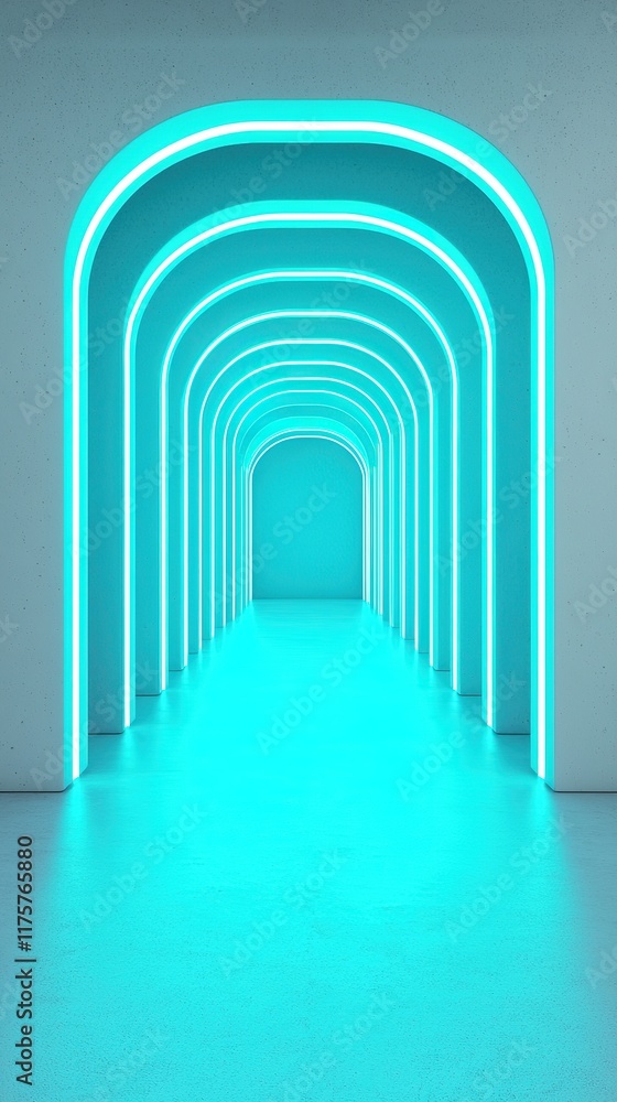Obraz premium A futuristic corridor with glowing turquoise arches creates a surreal atmosphere, inviting exploration into the unknown.