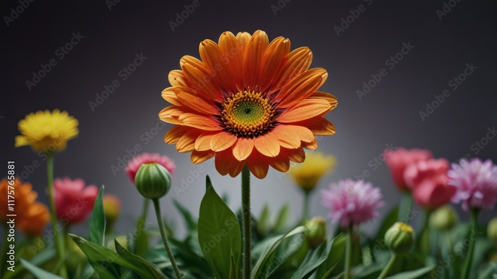 Vibrant orange flower blooms in front of blurred colorful flowers. Vibrant orange flower blooms in front of blurred colorful flowers.