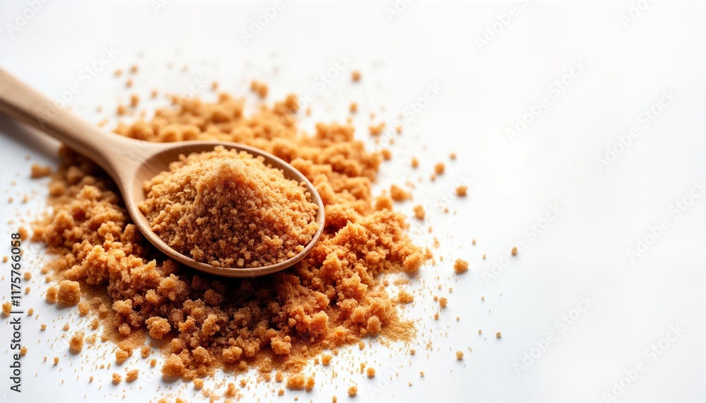 Brown sugar crystals are in a wooden spoon and on a white background. Granulated cane sugar is shown in a pile with a spoon. Natural sweetener is a food ingredient. Brown sugar crystals are in a wooden spoon and on a white background. Granulated cane sugar is shown in a pile with a spoon. Natural sweetener is a food ingredient.
