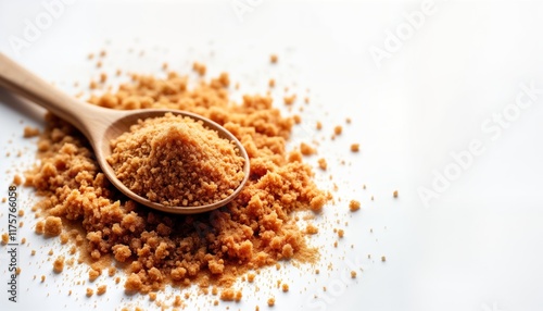 Brown sugar crystals are in a wooden spoon and on a white background. Granulated cane sugar is shown in a pile with a spoon. Natural sweetener is a food ingredient.