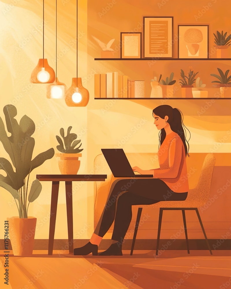 Cozy Home Office with Warm Lighting – Modern Workspace Design Illustration Cozy Home Office with Warm Lighting – Modern Workspace Design Illustration