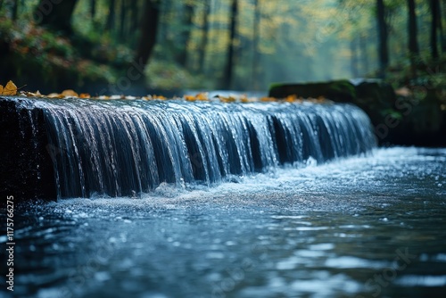 Flowing water cascades over rocks in a serene forest stream during the early morning light
