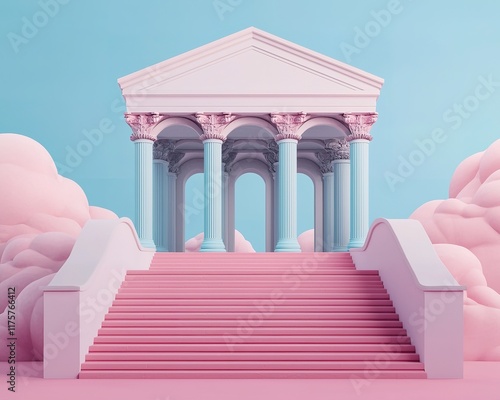 A surreal architectural structure with pink columns and steps, set against a soft blue background and fluffy clouds.