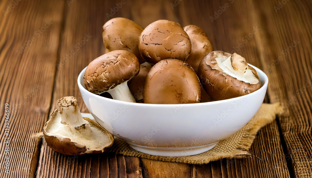 Fresh brown mushrooms in a white bowl on a rustic wooden table. A single mushroom sits beside the bowl, showcasing their rich color and texture. Fresh brown mushrooms in a white bowl on a rustic wooden table. A single mushroom sits beside the bowl, showcasing their rich color and texture.