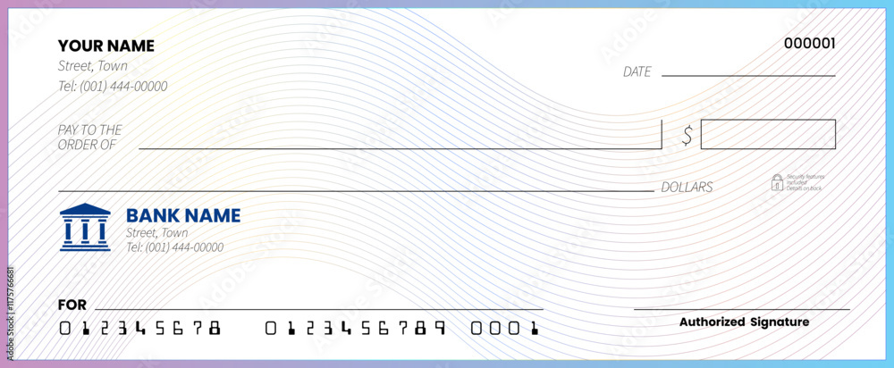 Blank bank check. Generic American cheque template vector design Blank bank check. Generic American cheque template vector design