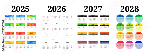 Set of calendars for 2025, 2026, 2027 and 2028 on a white background