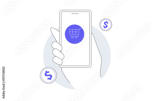 Business online shopping store and online payment with mobile application concept. Flat Cartoon Vector Illustration, icon. Stylish abstract